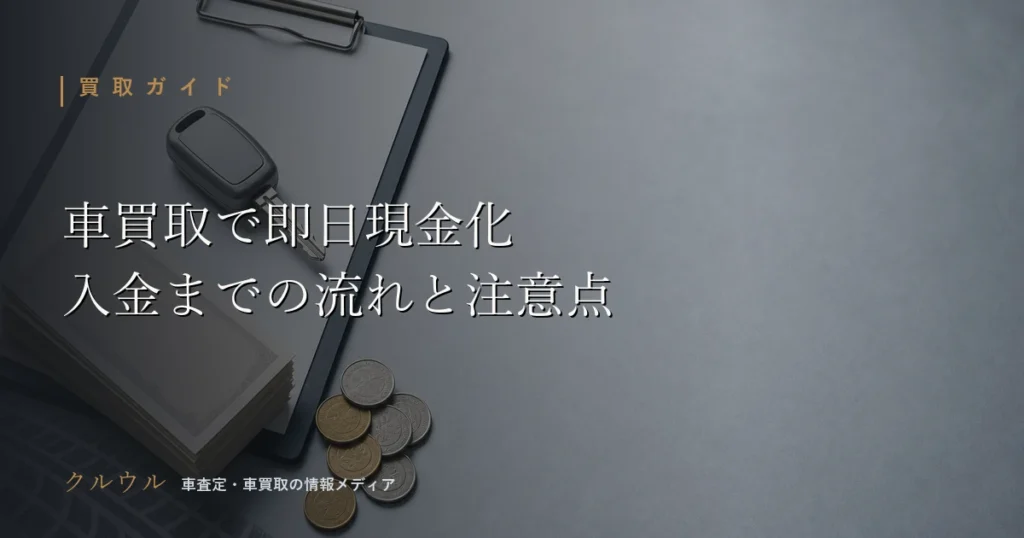 車買取で即日現金化するときの入金までの流れと注意点を示すイメージ画像