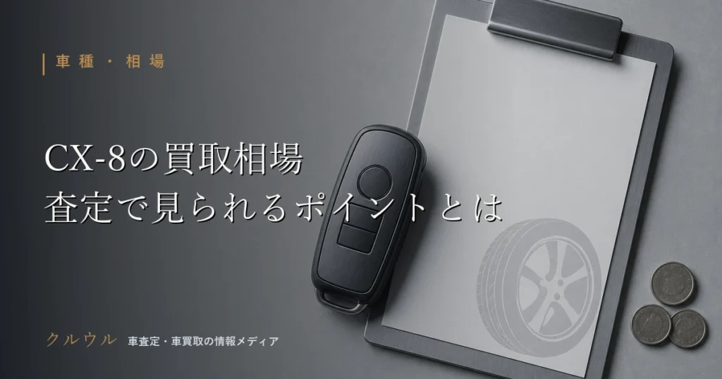 マツダCX-8の買取相場と査定ポイントを解説する記事のアイキャッチ。車のキーと査定クリップボードのフラットレイイメージ