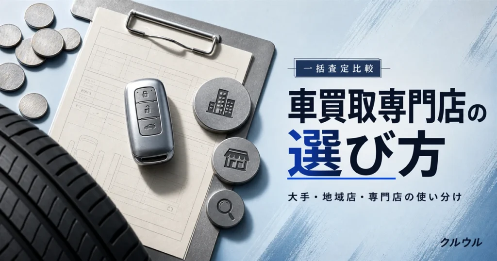 車買取専門店の選び方を示す車のキーと査定クリップボードのフラットレイ画像