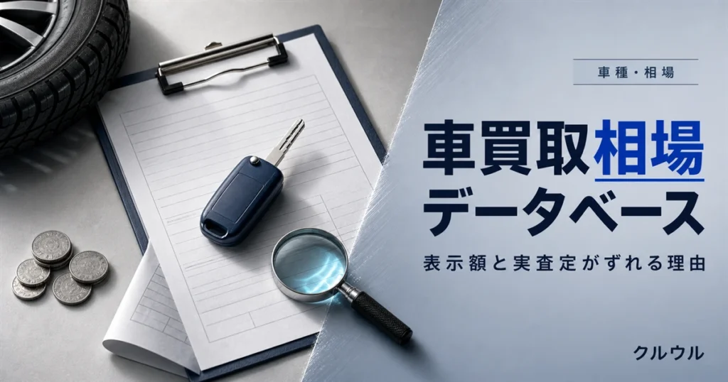 車買取相場データベースの見方を表す車のキーと査定クリップボードのフラットレイ画像