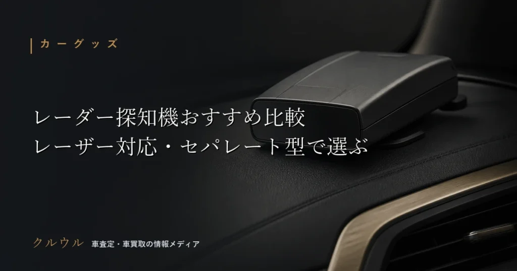 ダッシュボードに置かれたレーダー探知機の静物写真。グラファイトと真鍮のショールーム調。