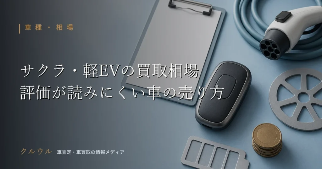 日産サクラなど軽EVの買取査定をイメージした車のキーと査定クリップボードのフラットレイ