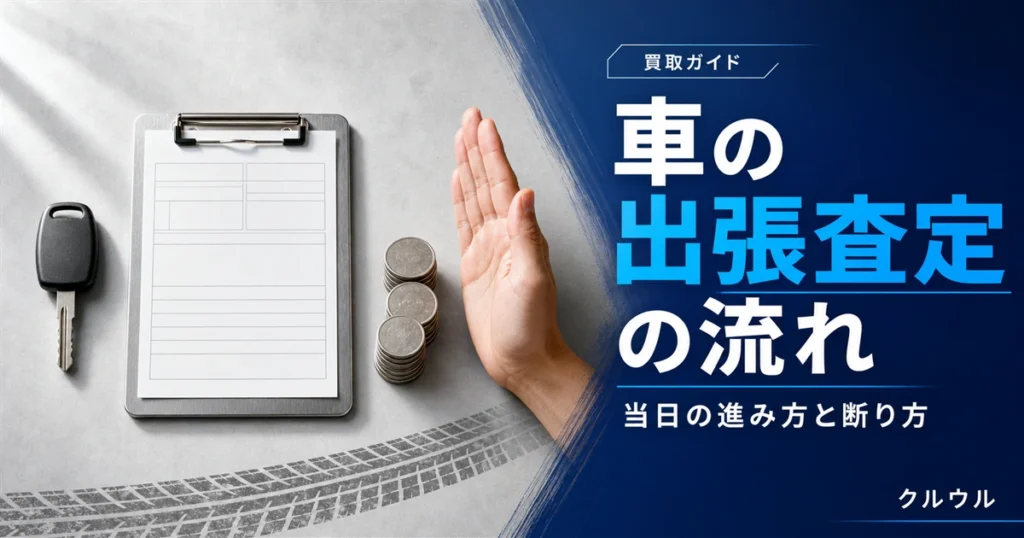 車の出張査定の流れと当日の進み方、断りたいときの対応を示すイメージ画像